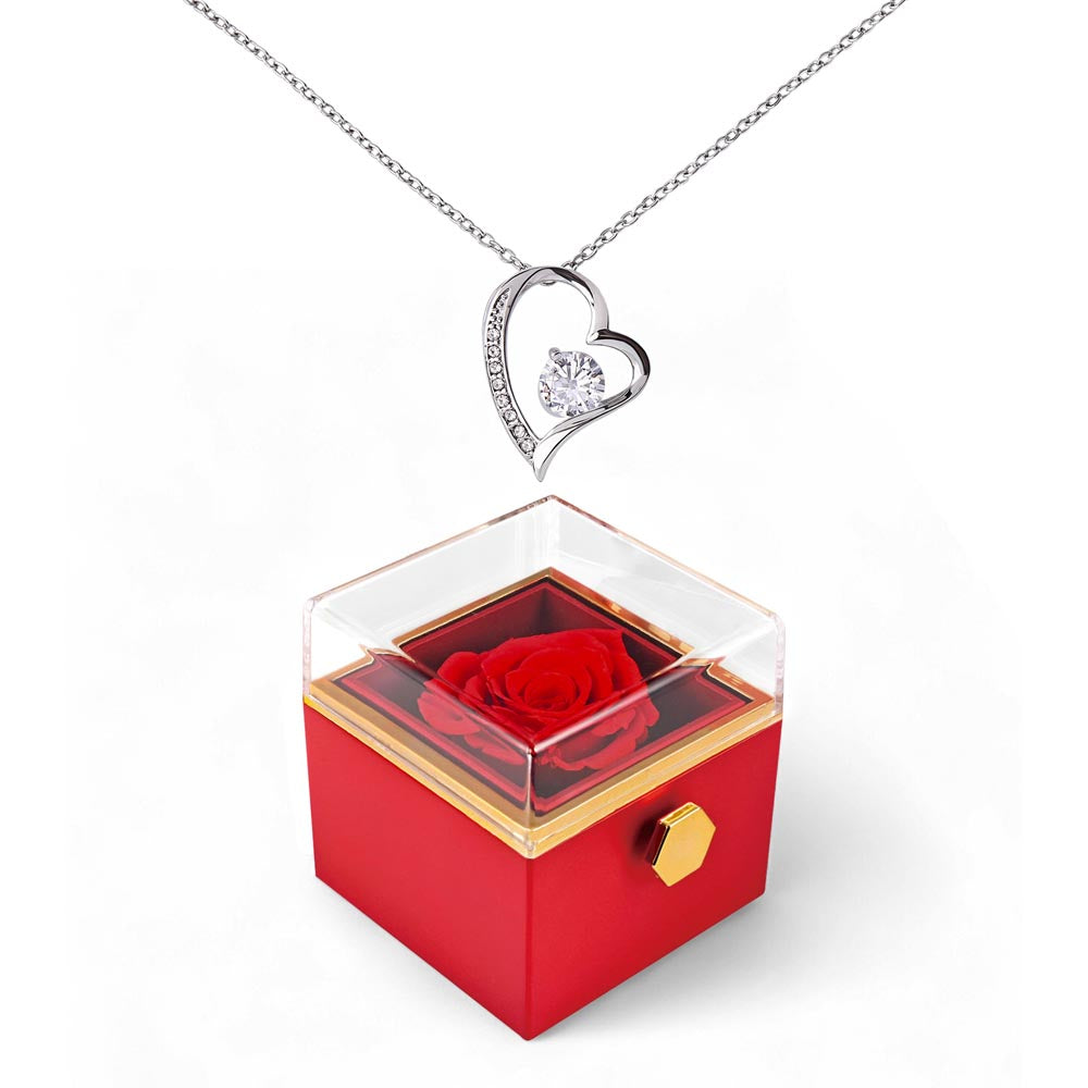 Forever Love Heart Necklace with Rotating Rose Gift Box — Luxury Gift for Her