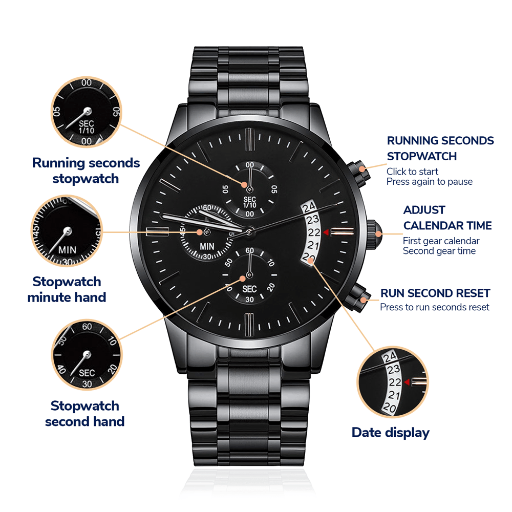 Men's Personalised Black Chronograph Watch | Custom Engraved Gift for Him - BH Comfy Cozy